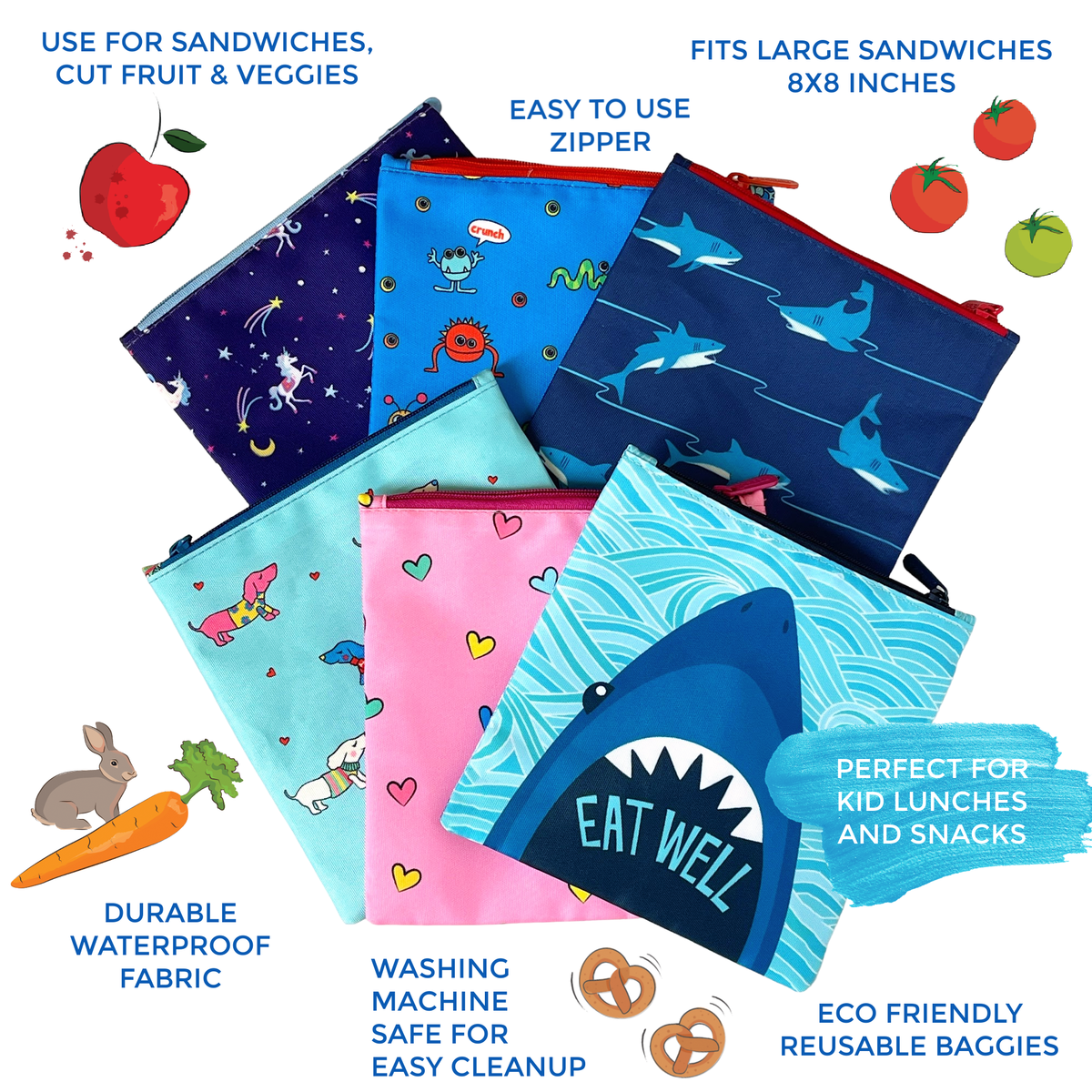 Sachets réutilisables pour encas et sandwichs — Lot de 2, motifs cœurs et chiens - Yumbox - Boîte à repas - - La Guilde Culinaire