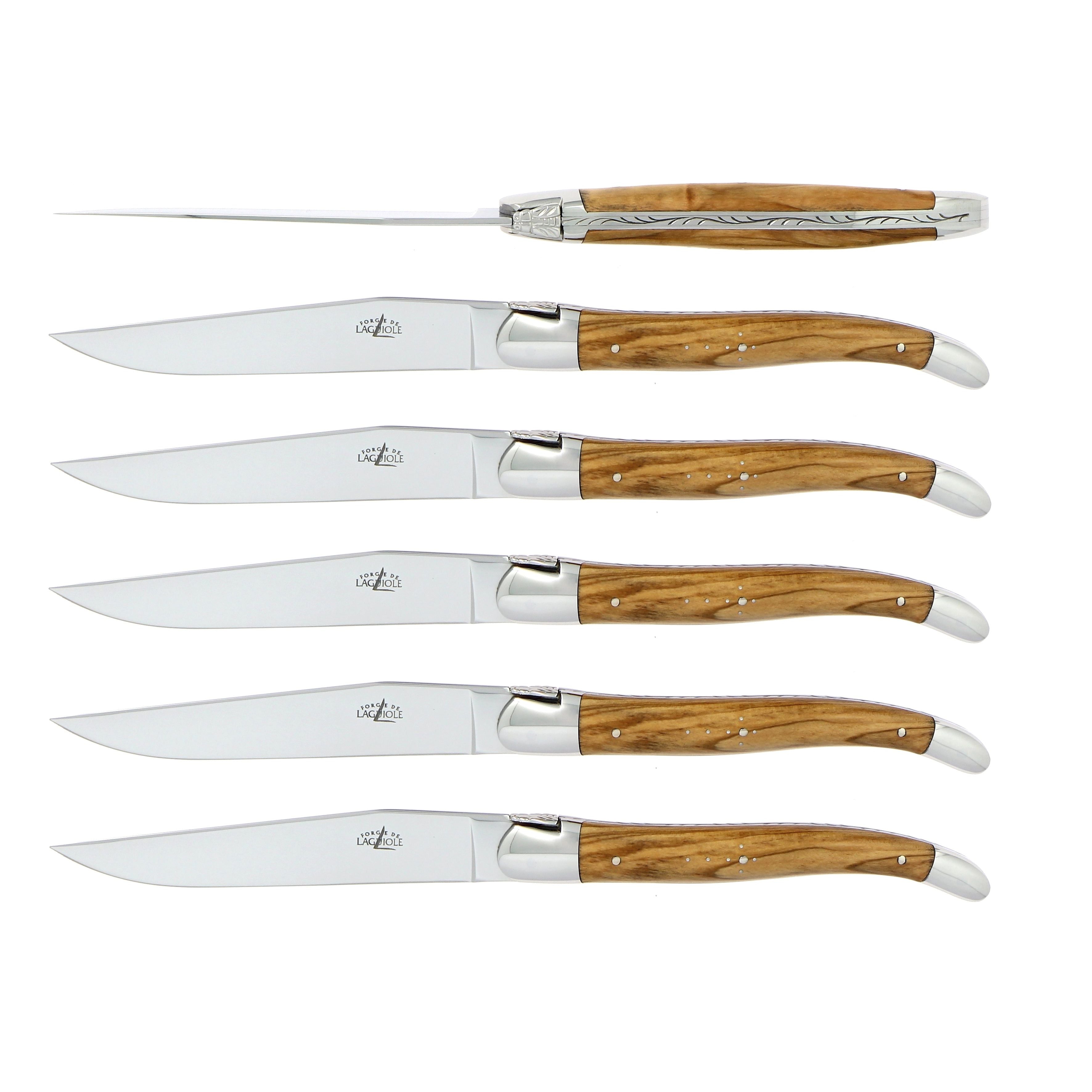 Coffret de 6 couteaux de table, manche en bois, mitre inox brillant – Laguiole Olivier - Laguiole - Couteau à steak - 00004563 - T6 2M IN OL BRI - La Guilde Culinaire