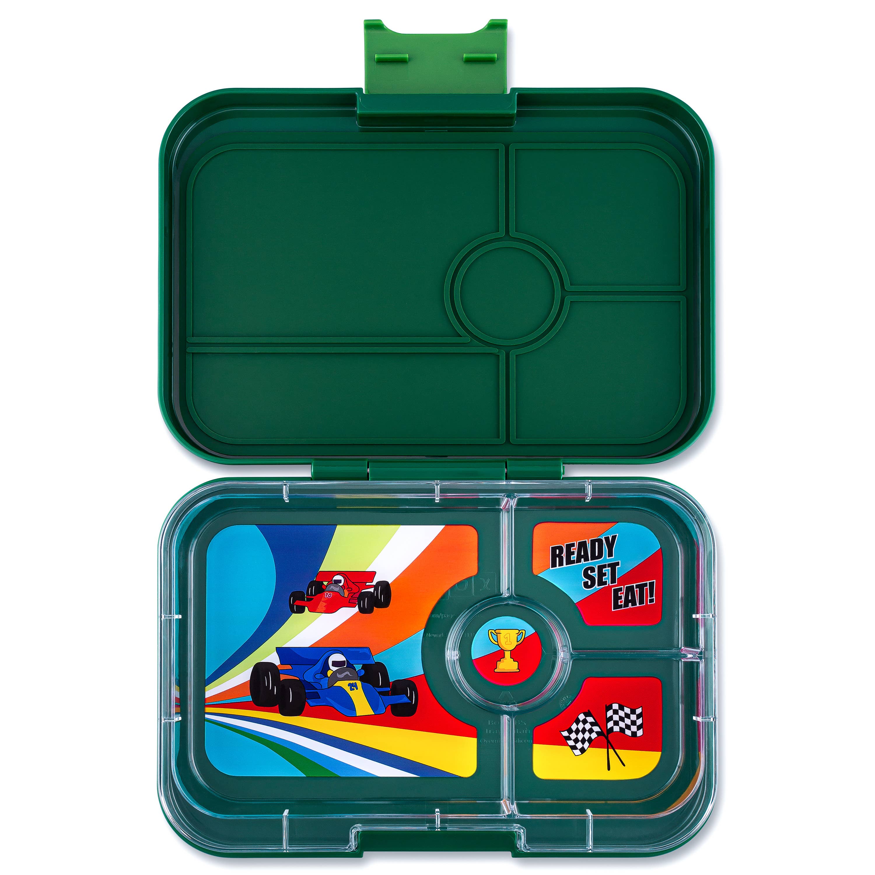 Yumbox Tapas - Boîte Bento étanche avec plateaux à 4 ou 5 compartiments Greenwich Green 4C avec plateau de voitures de course - Yumbox - Boîte à repas - GGIII202303C - La Guilde Culinaire