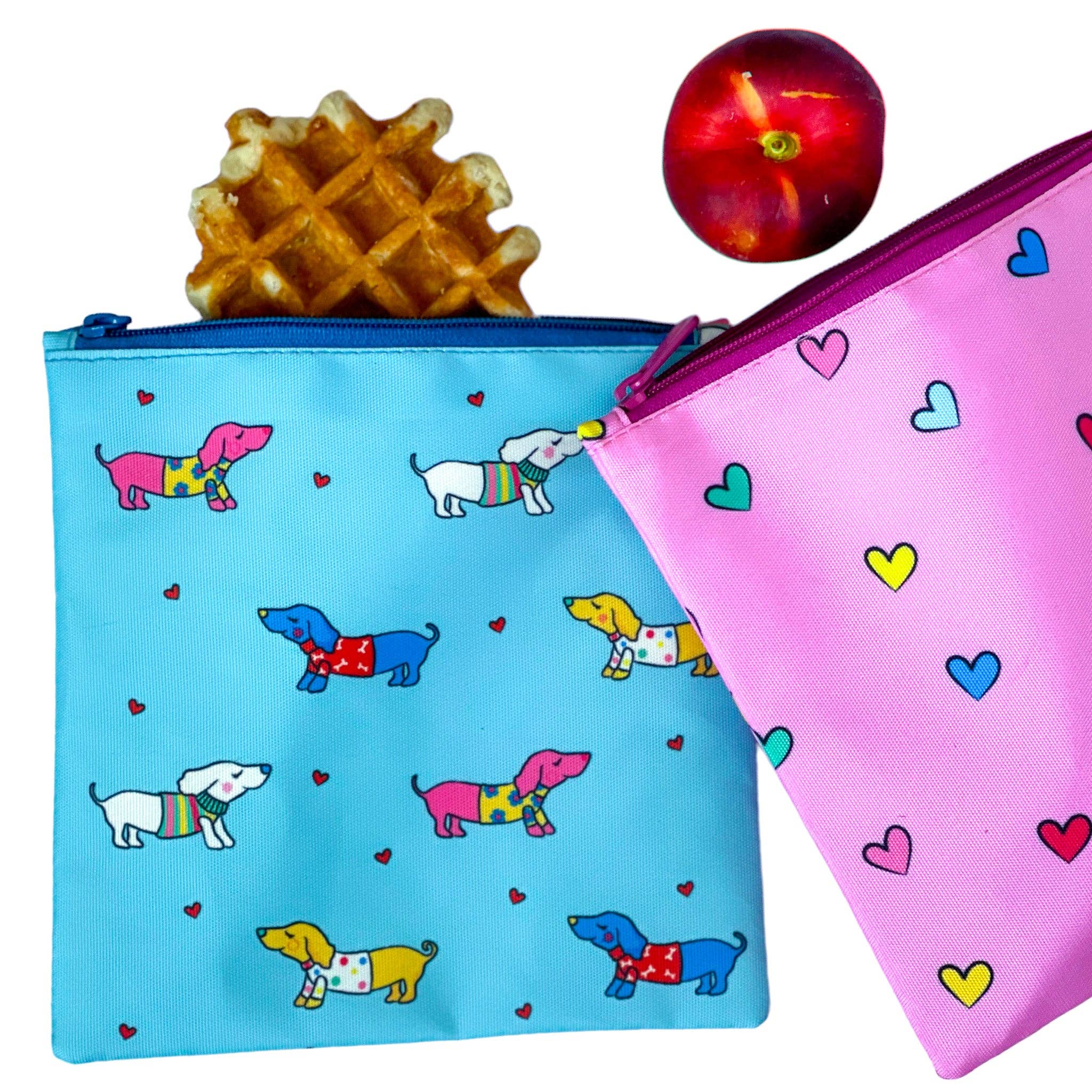 Sachets réutilisables pour encas et sandwichs — Lot de 2, motifs cœurs et chiens - Yumbox - Boîte à repas - - La Guilde Culinaire