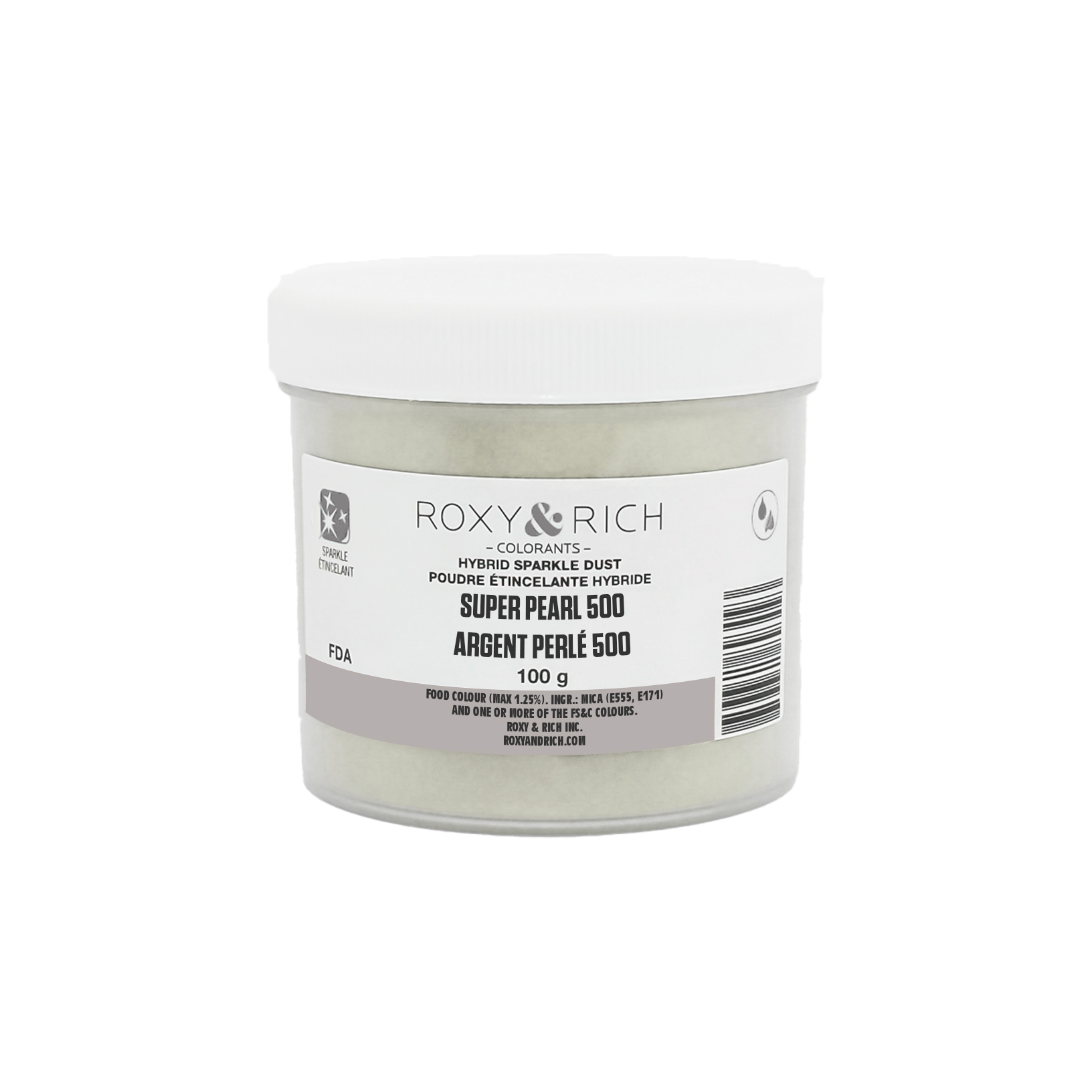 Poudre perlée étincelante hybride Argent Perlé 500 100g - Roxy & Rich - Poudre étincelante - SP100-009 - La Guilde Culinaire