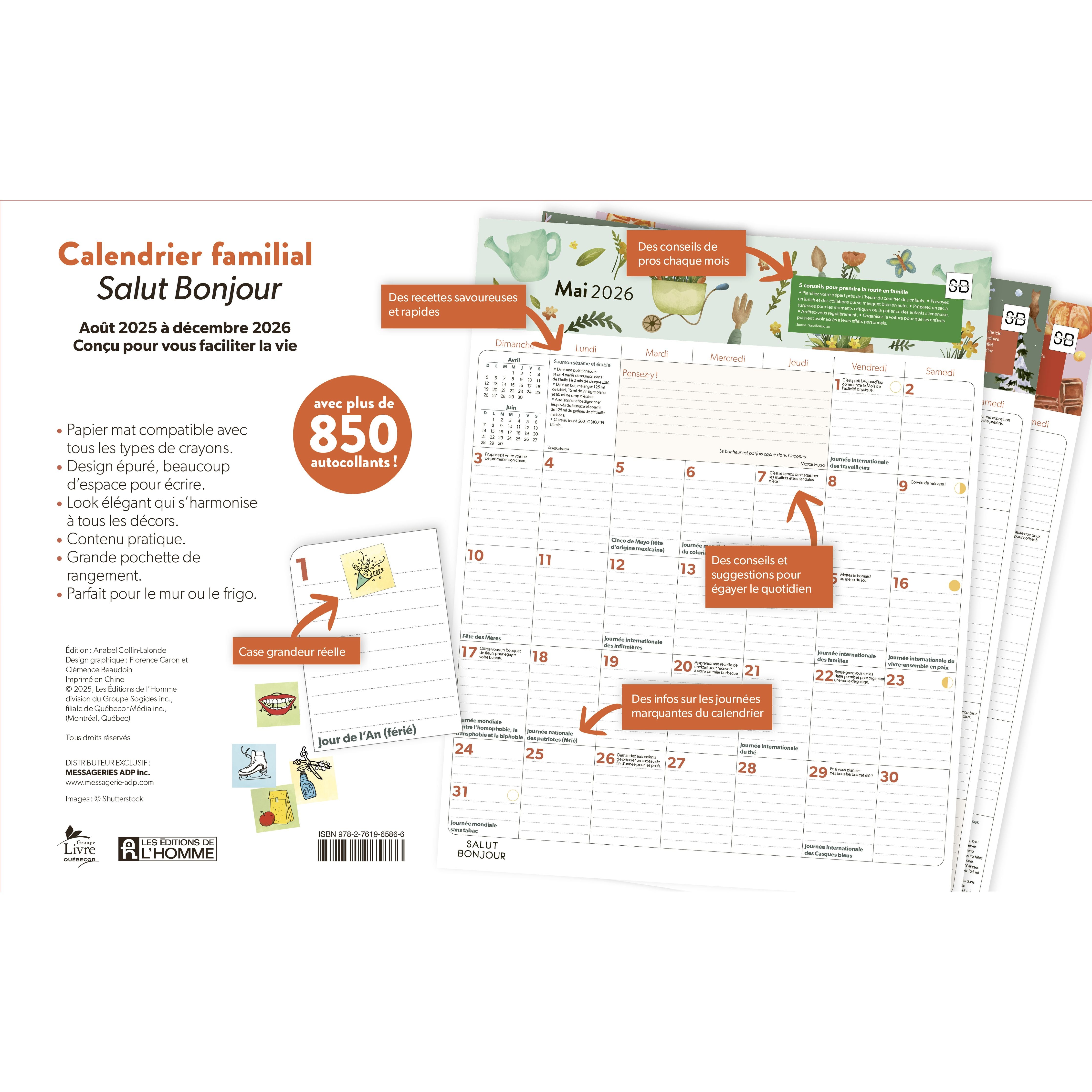 Calendrier familial Salut Bonjour 2025-2026 - De L'Homme Ed. - Livre de cuisine - - La Guilde Culinaire