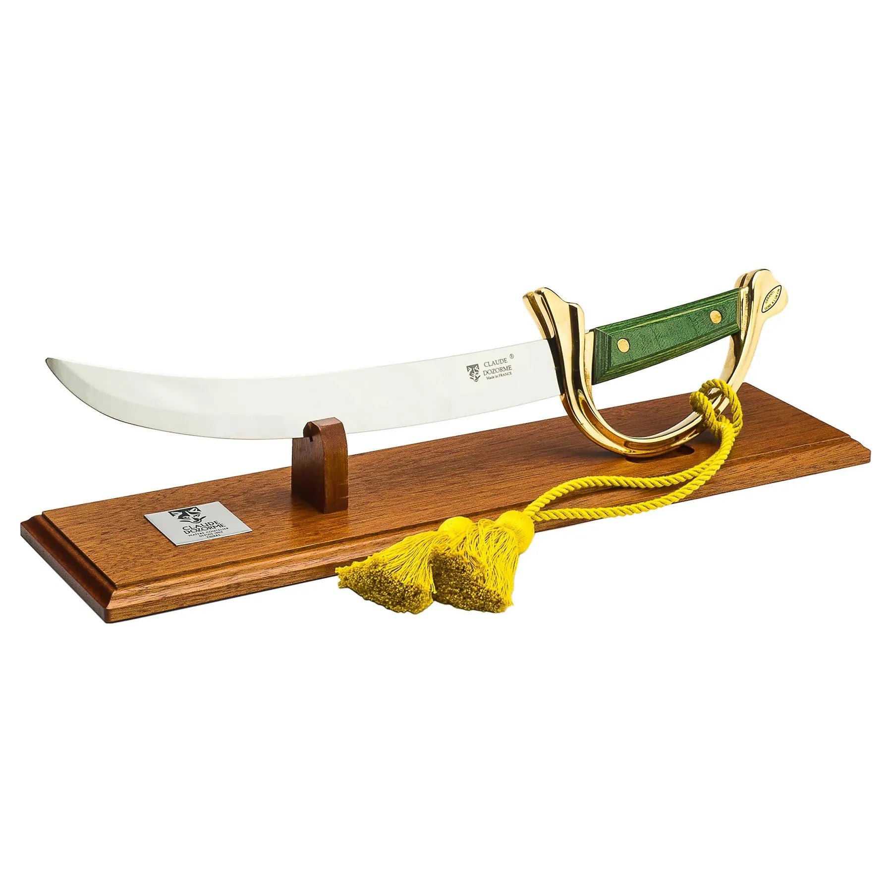 Sabre à champagne - Lafayette manche lamina vert - Claude Dozorme Socle en Acajou - Claude Dozorme - Sabre à champagne - D9.11.063.61 - La Guilde Culinaire