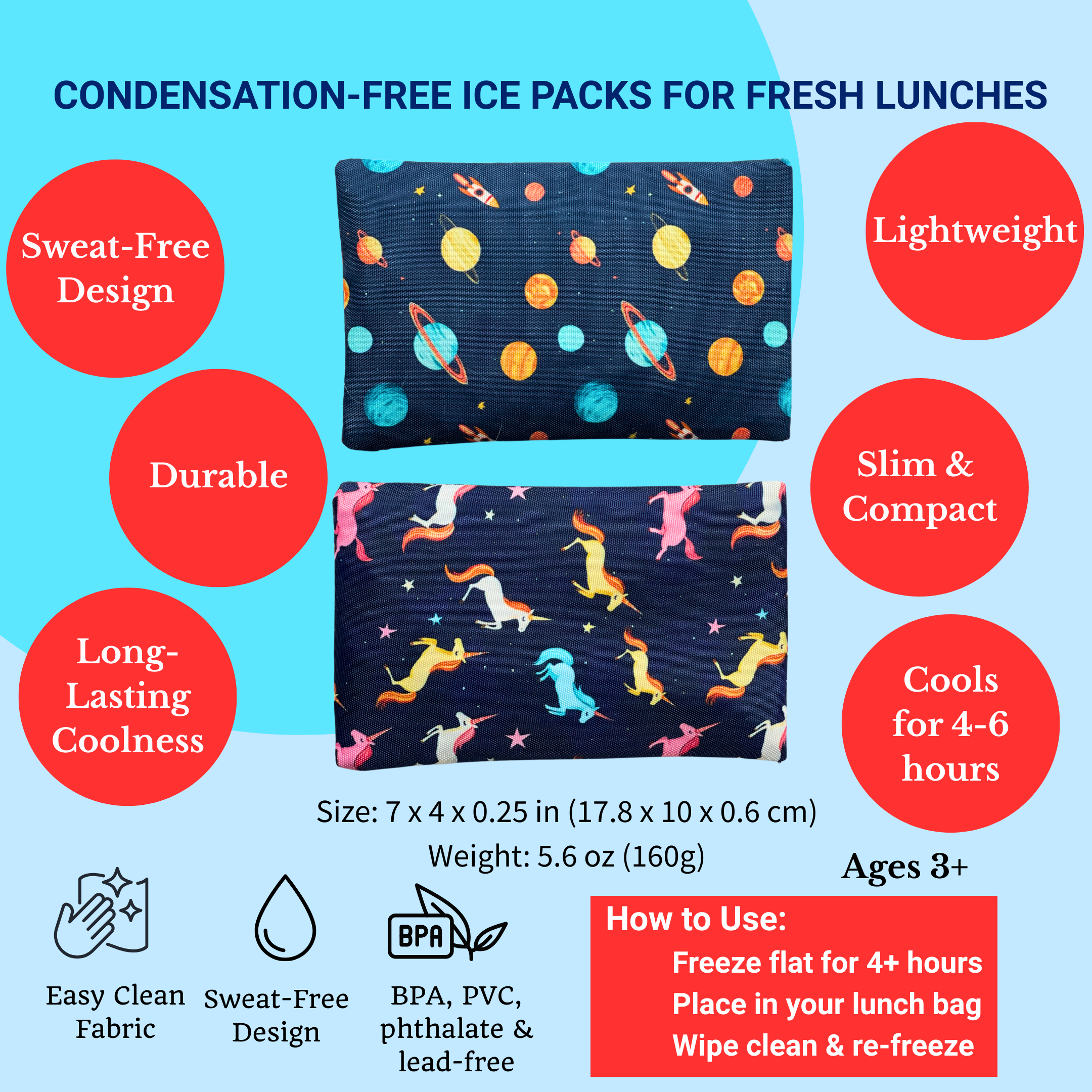 Packs de glace en gel dans des housses en tissu, lot de 2 - Espace & Licornes - Yumbox - Boîte à repas - - La Guilde Culinaire