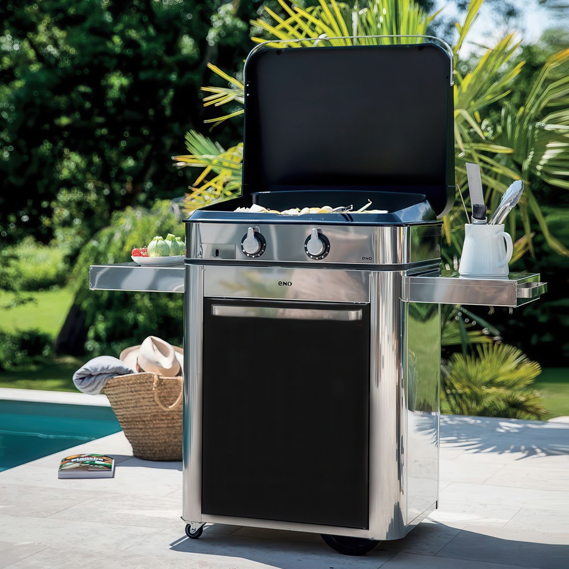 Eno - Ensemble Plancha 2 brûleurs avec couvercle et chariot ENOSIGN 65 cm Noir et Inox - ENO - Ensemble plancha - - La Guilde Culinaire