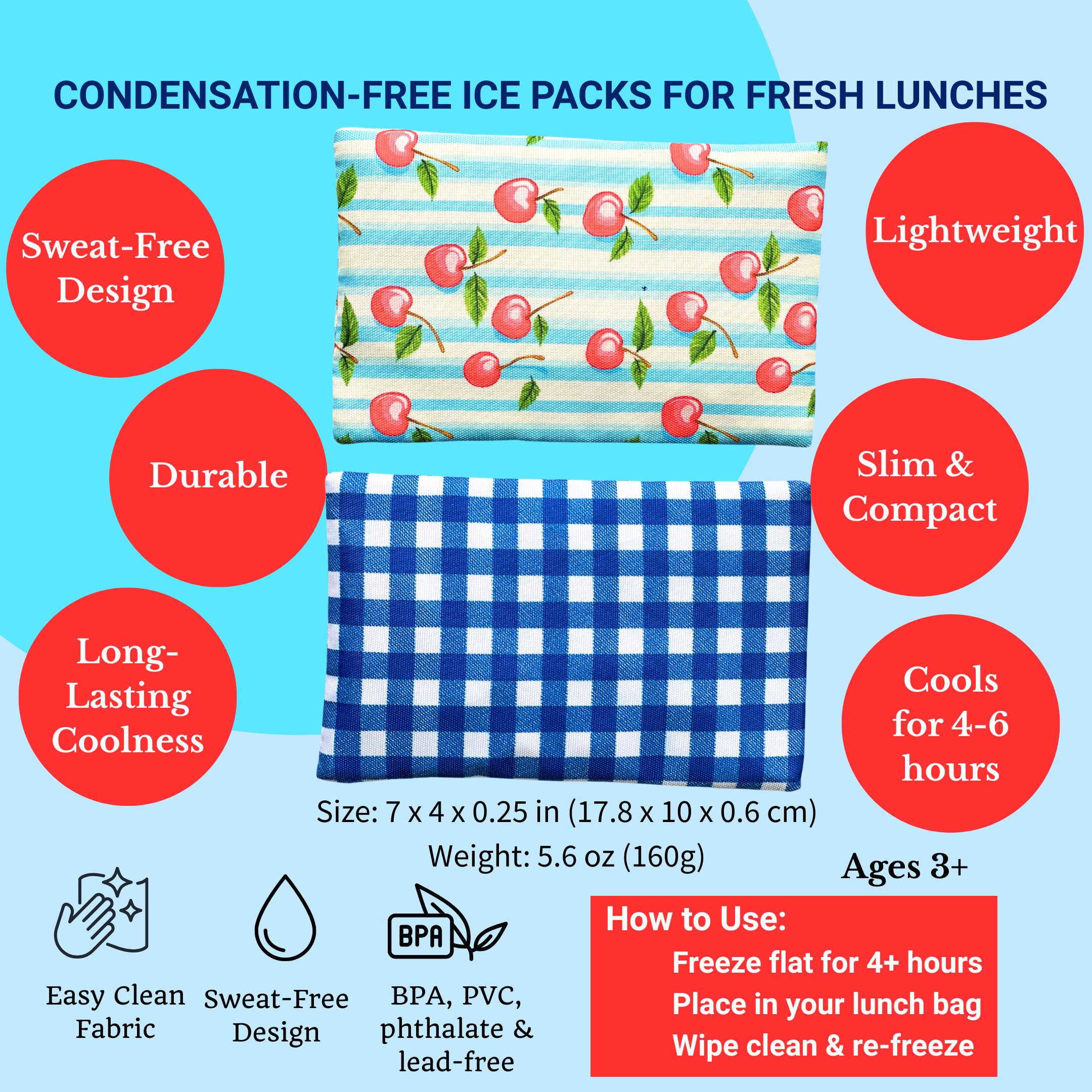 Lot de 2 blocs réfrigérants en gel avec housses en tissu - Vichy & Cerises - Yumbox - Boîte à repas - - La Guilde Culinaire