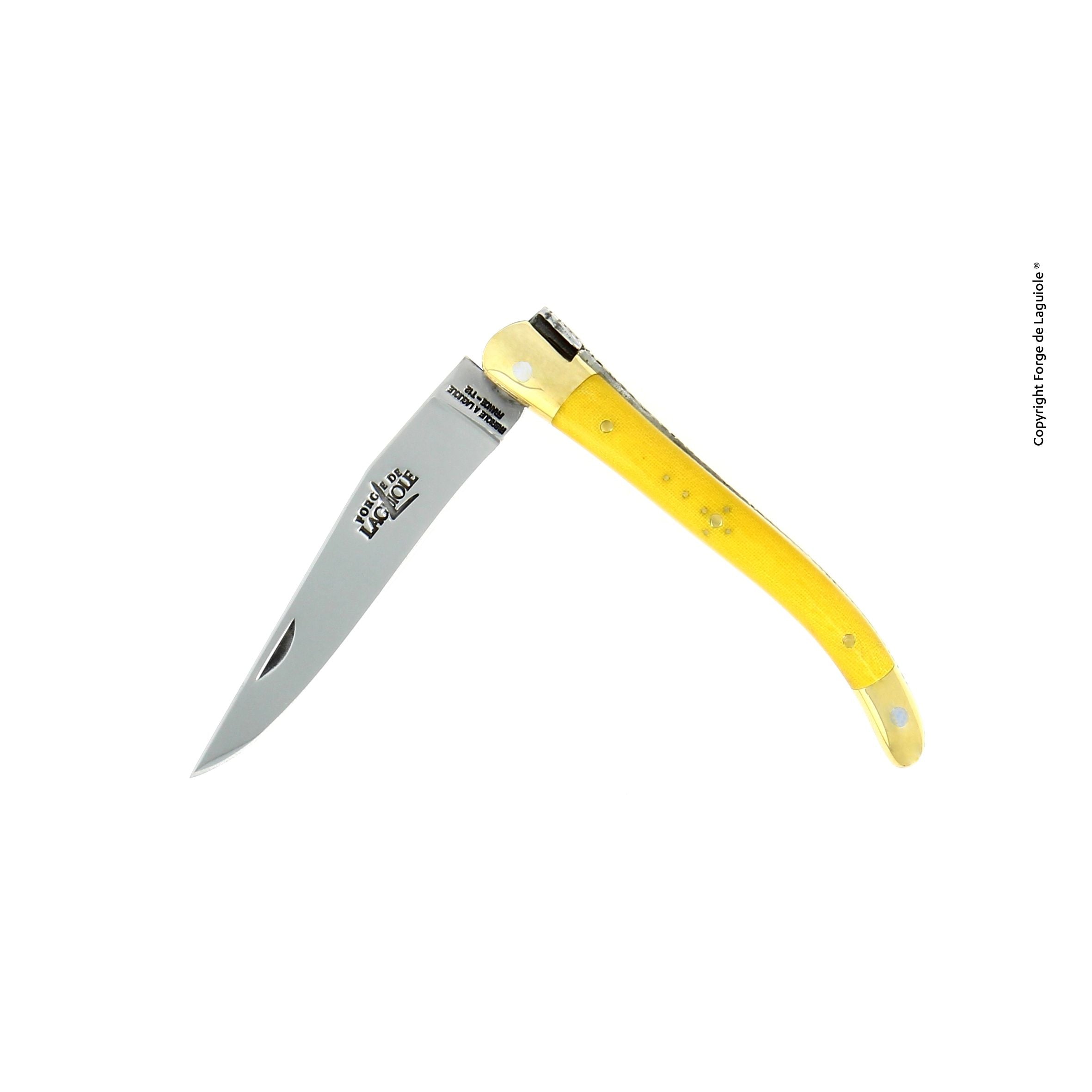 Couteau pliant 9 cm Tissu compressé, mitre Laiton – Laguiole Jaune - Laguiole - Couteau de poche - 00003994 - 129 TC JAU - La Guilde Culinaire