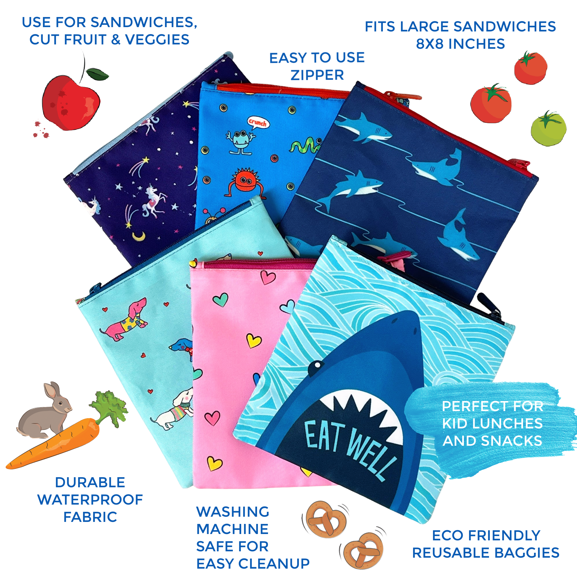 Lot de 2 sacs à sandwich réutilisables - Requin pacifique et monstres - Yumbox - Boîte à repas - - La Guilde Culinaire