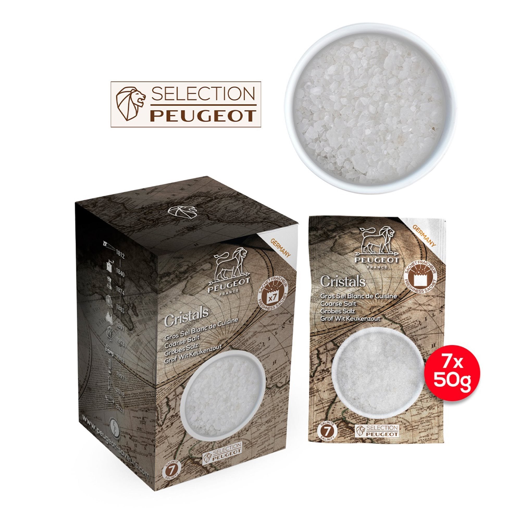 Gros sel blanc - 7 sachets de 50g    - Peugeot - Sel -  - La Guilde Culinaire