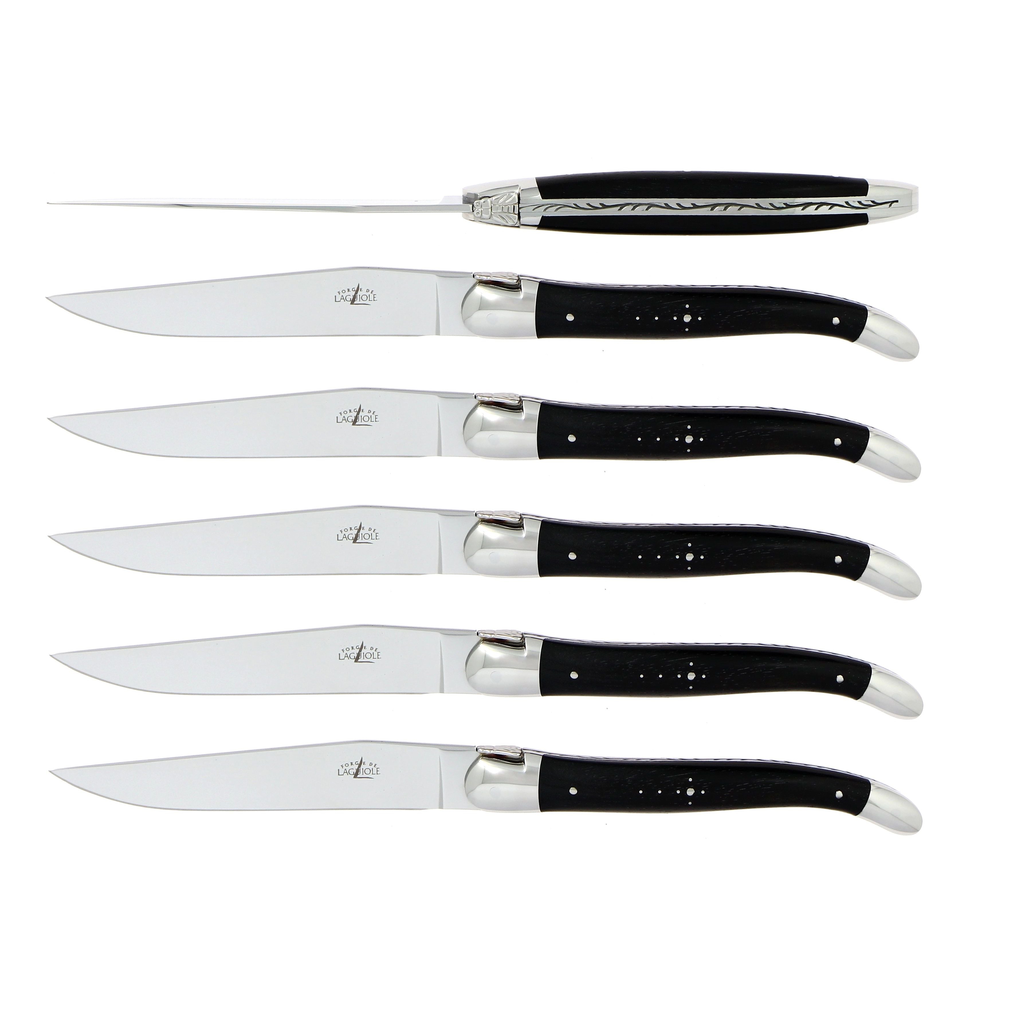 Coffret de 6 couteaux de table, manche en bois, mitre inox brillant – Laguiole Ébène - Laguiole - Couteau à steak - 00004554 - T6 2M IN EB BRI - La Guilde Culinaire