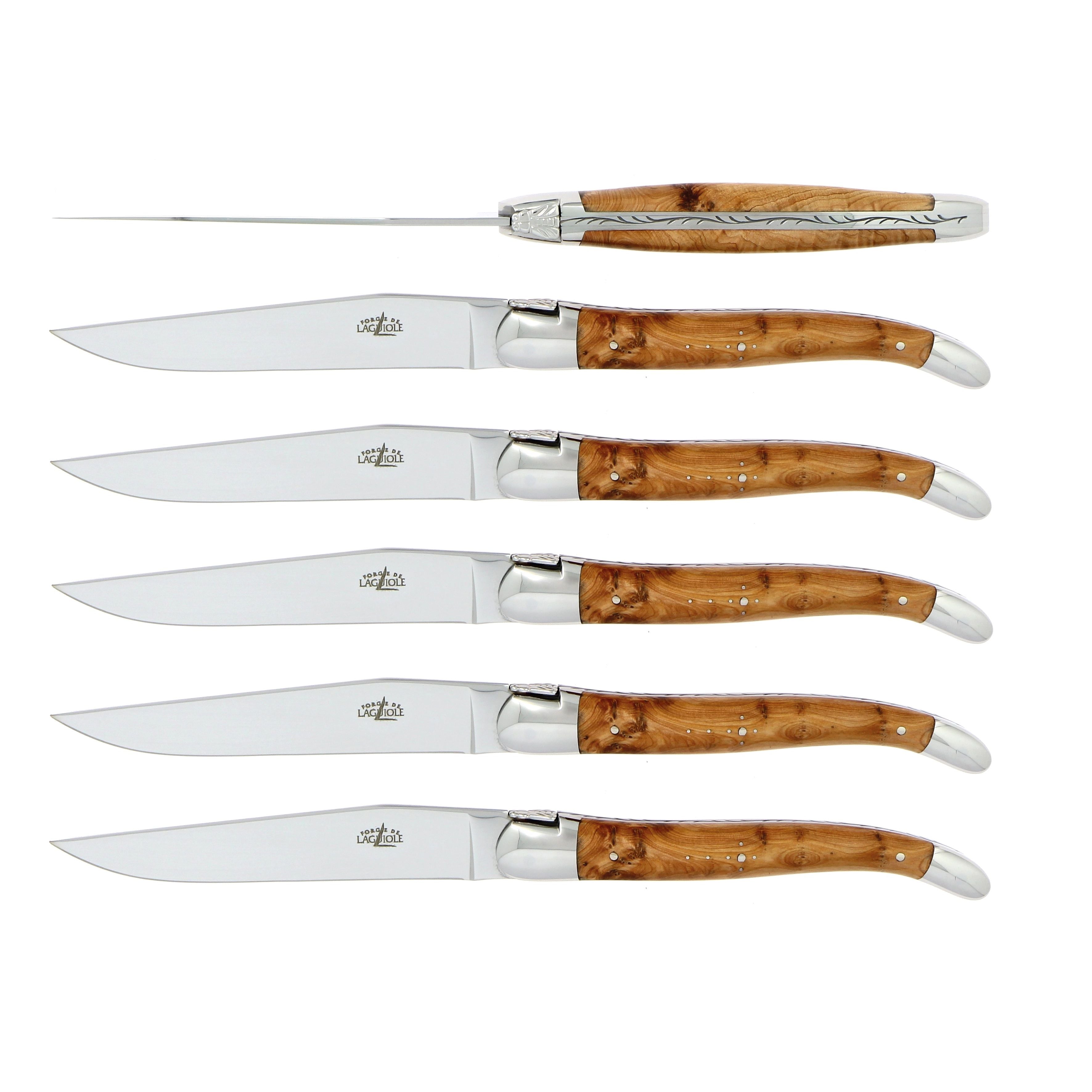 Coffret de 6 couteaux de table, manche en bois, mitre inox brillant – Laguiole Genévrier - Laguiole - Couteau à steak - 00004557 - T6 2M IN GE BRI - La Guilde Culinaire
