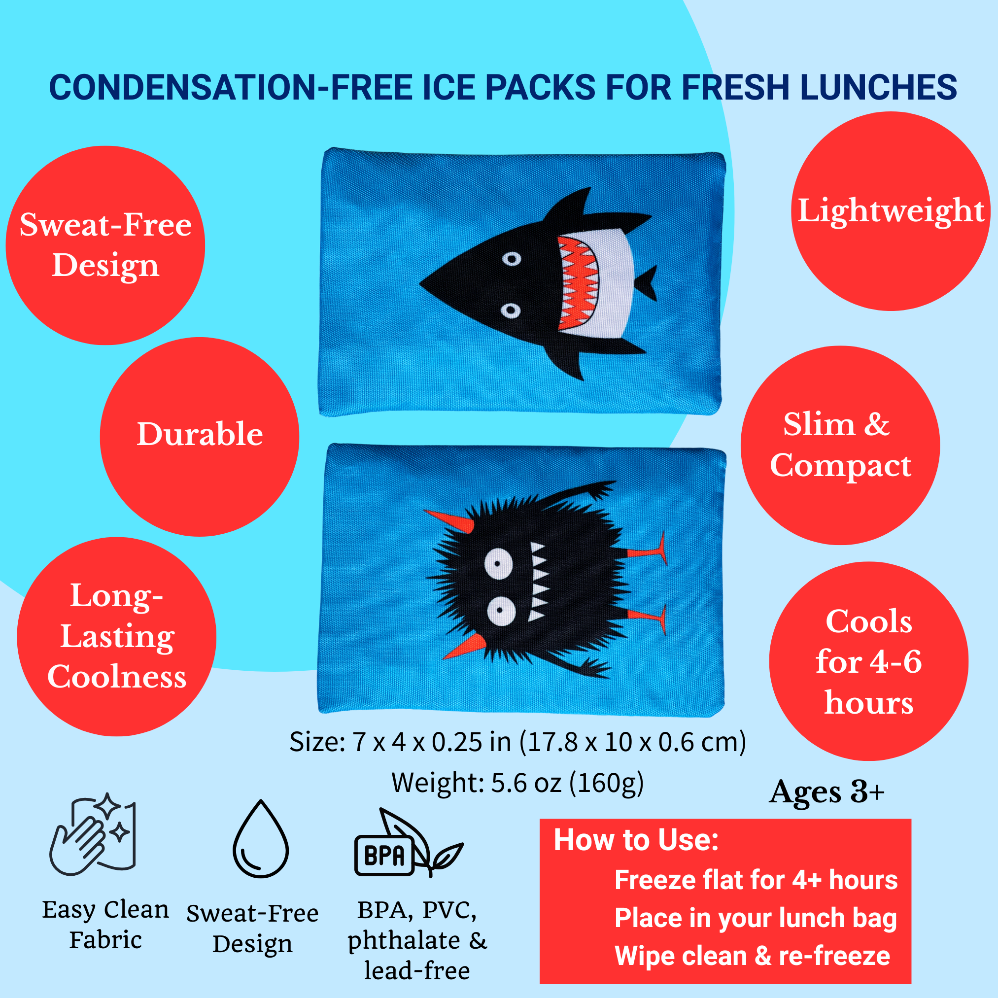 Packs de glace en gel avec housses en tissu 2 pièces – Monstre et requin - Yumbox - Boîte à repas - - La Guilde Culinaire