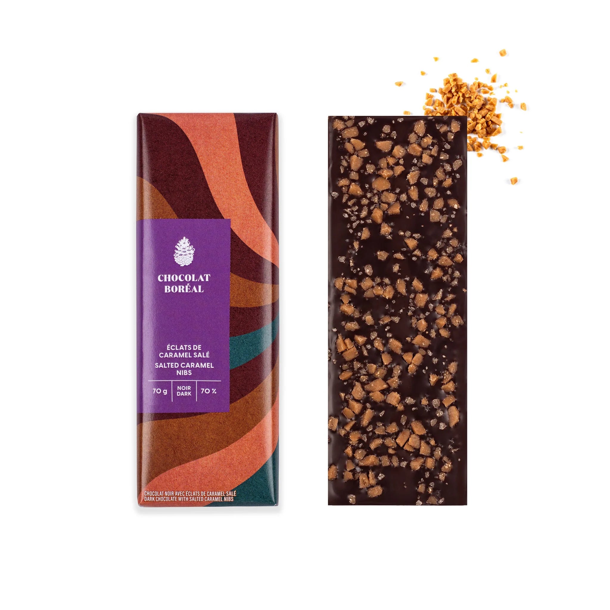 Classique Noir - Éclats de caramel salé (70g) - Chocolat Boréal - Tablette de chocolat - - La Guilde Culinaire