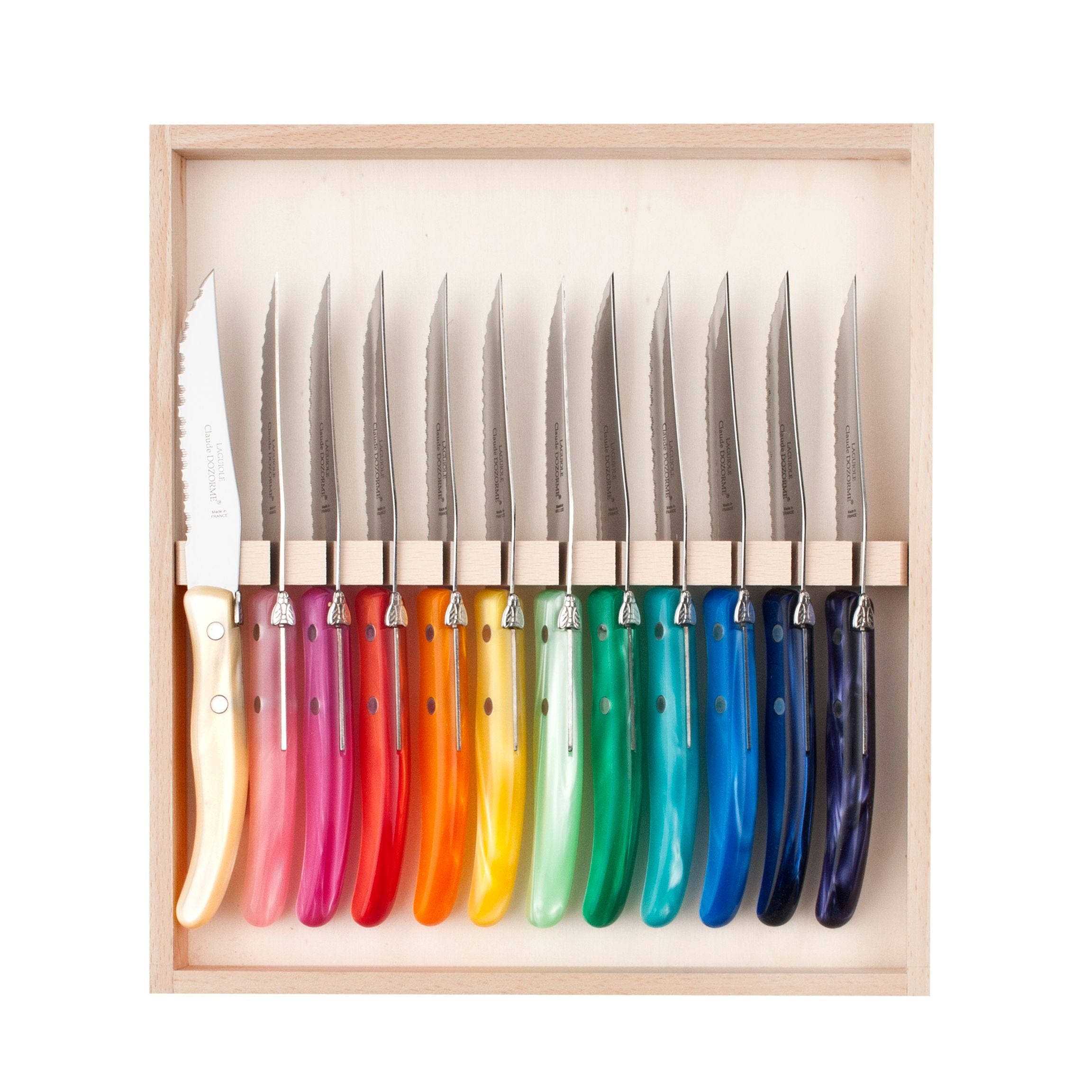 Coffret hêtre berlingot 12 couteaux manche nacrine unie - Claude Dozorme - Couteau à steak - - La Guilde Culinaire