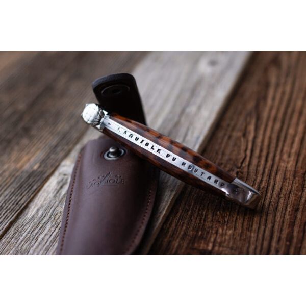 Couteau pliant 11 cm, mitre inox brillant, Amourette + Étui Buron Chocolat – Laguiole - Laguiole - Couteau de poche - - La Guilde Culinaire