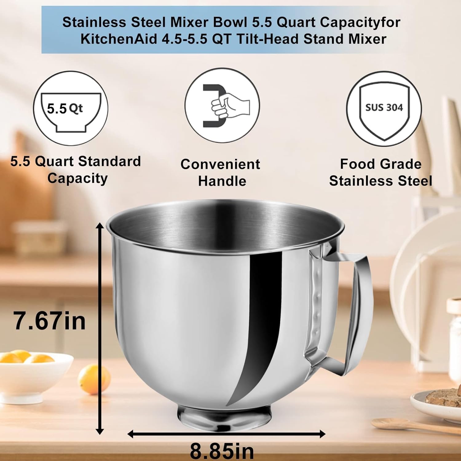 Bol en acier inoxydable poli de 5 pintes avec poignée pour KitchenAid    - Kitchenaid - Bol batteur sur socle -  - La Guilde Culinaire