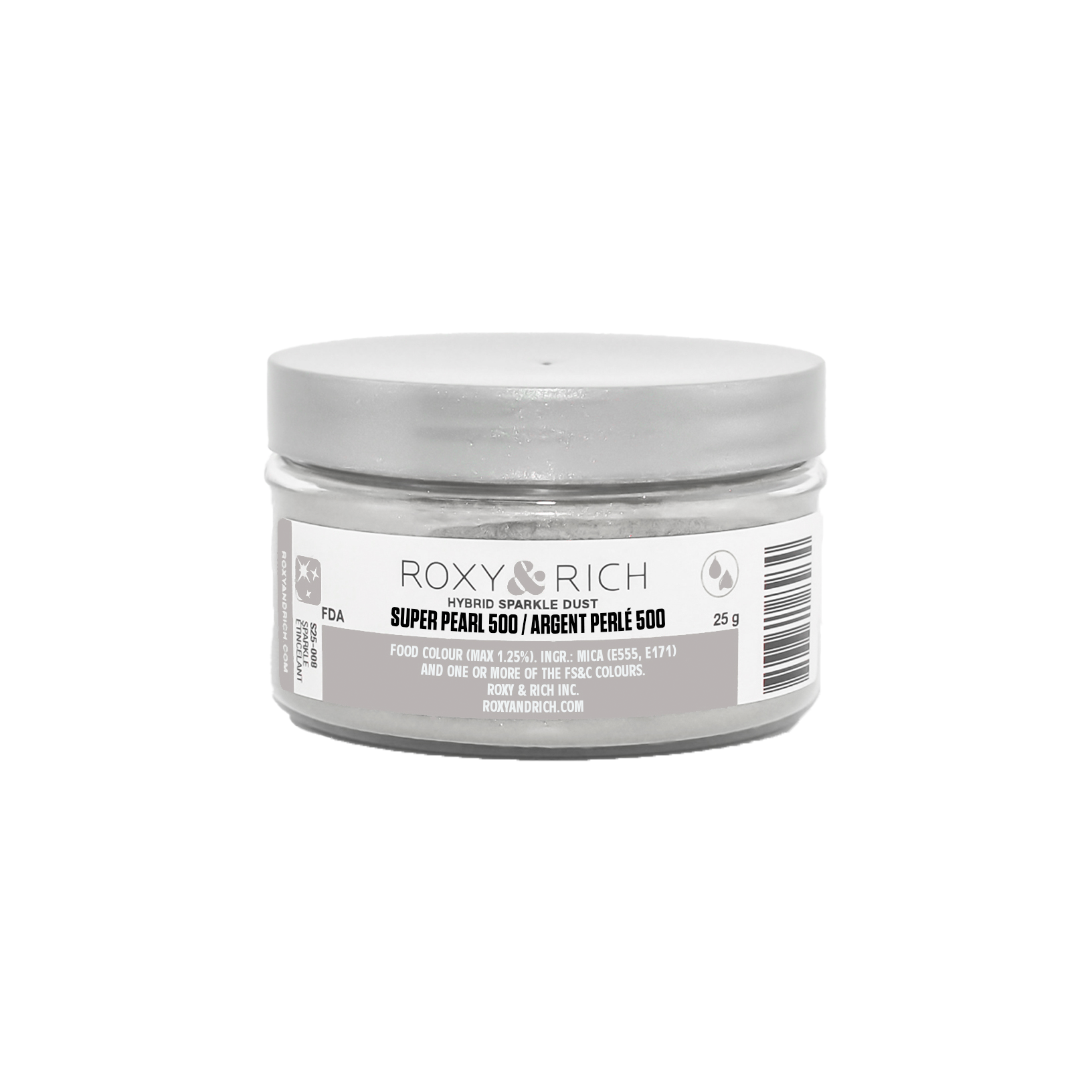 Poudre perlée étincelante hybride Argent Perlé 500 25g - Roxy & Rich - Poudre étincelante - SP25-009 - La Guilde Culinaire