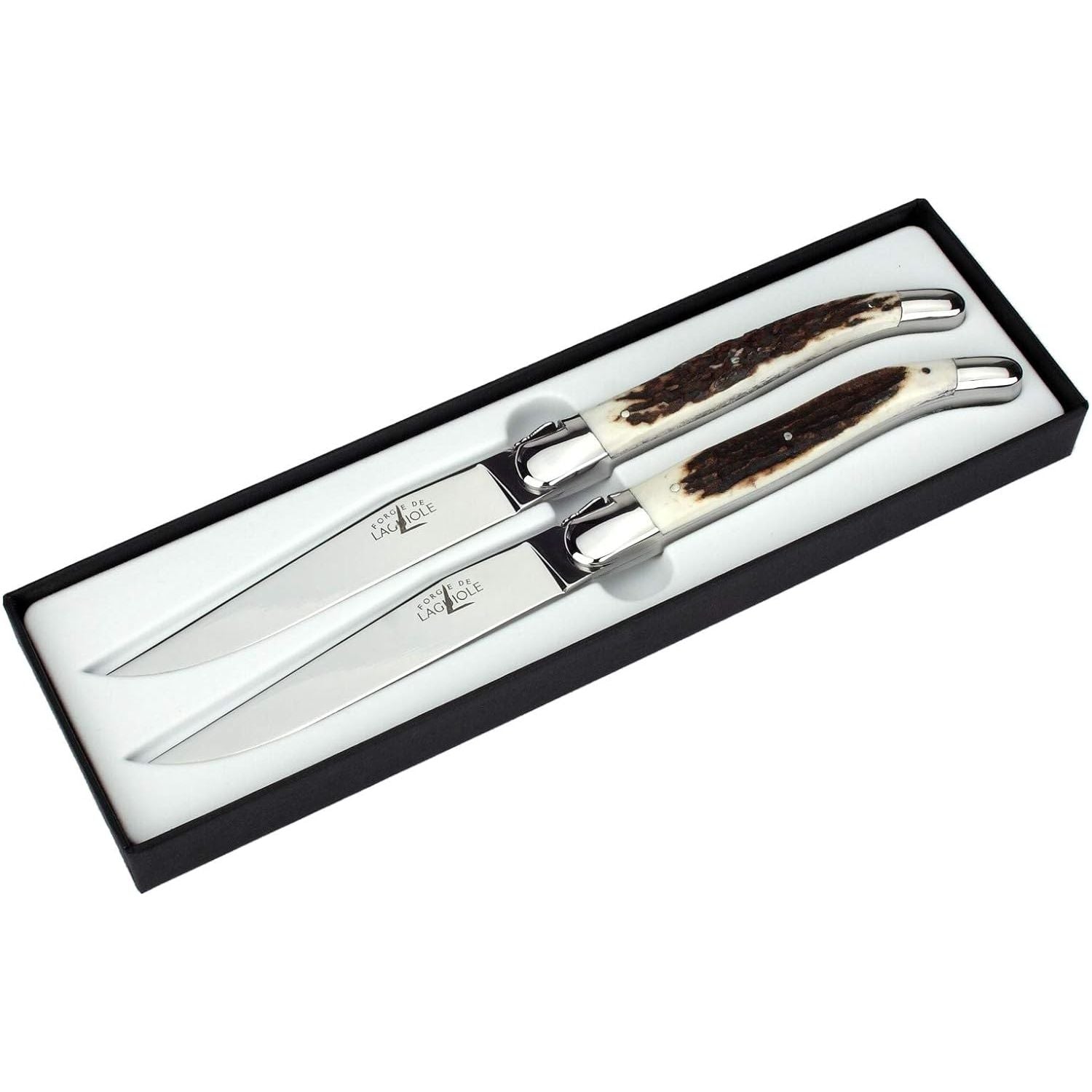 Coffret de 2 couteaux à steak, manche corne de cerf, coffret cadeau noir – Laguiole    - Laguiole - Couteau à steak -  - La Guilde Culinaire