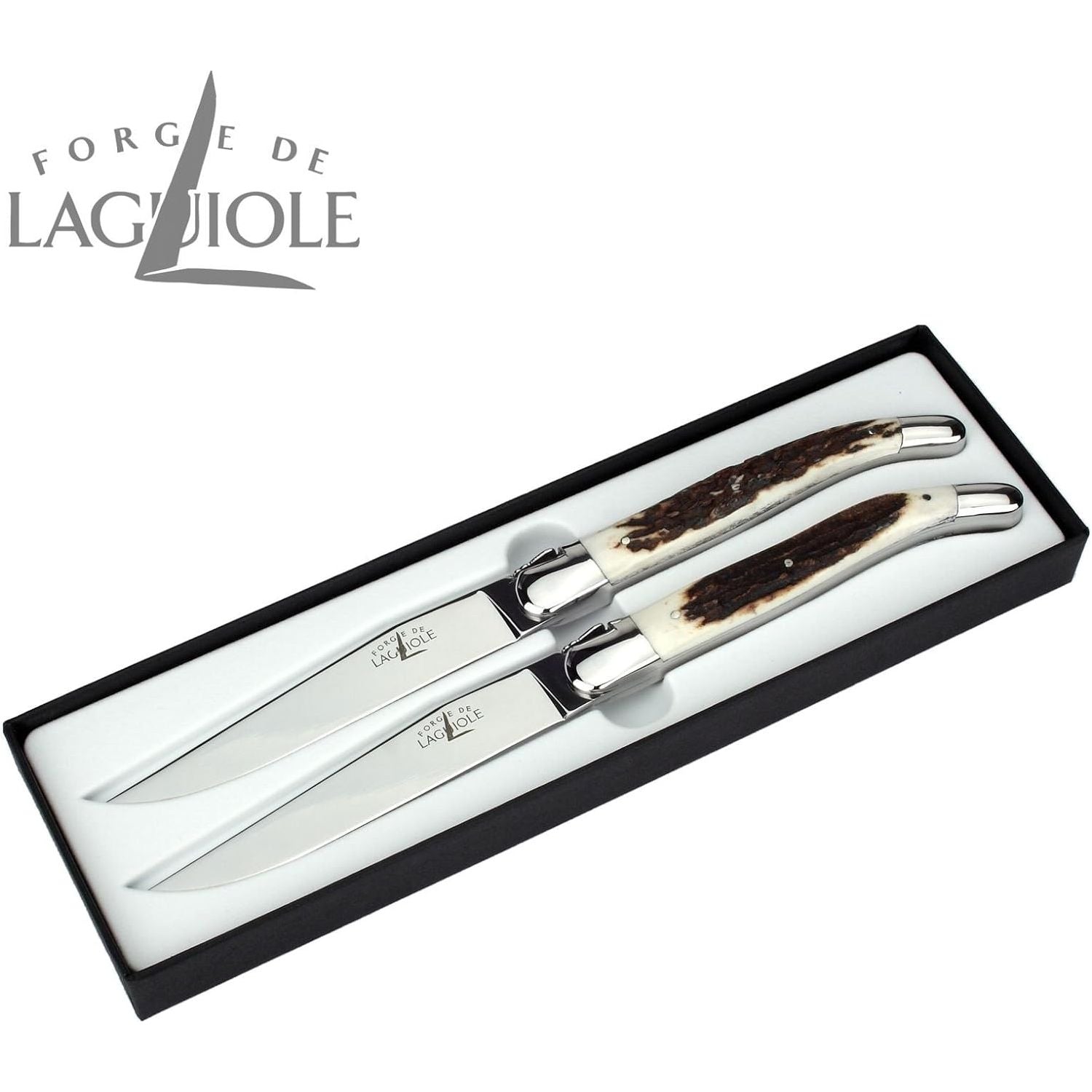 Coffret de 2 couteaux à steak, manche corne de cerf, coffret cadeau noir – Laguiole    - Laguiole - Couteau à steak -  - La Guilde Culinaire