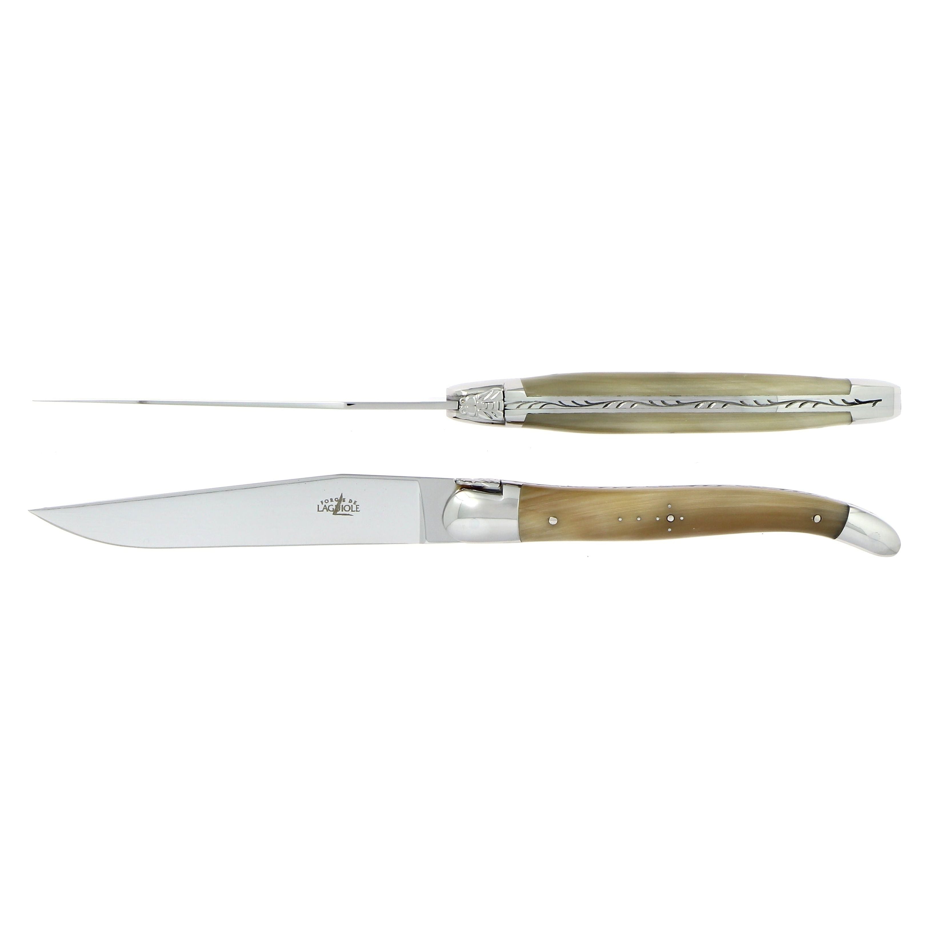 Coffret de 2 couteaux de table, mitre inox brillant, Pointe de corne – Laguiole    - Laguiole - Couteau à steak -  - La Guilde Culinaire