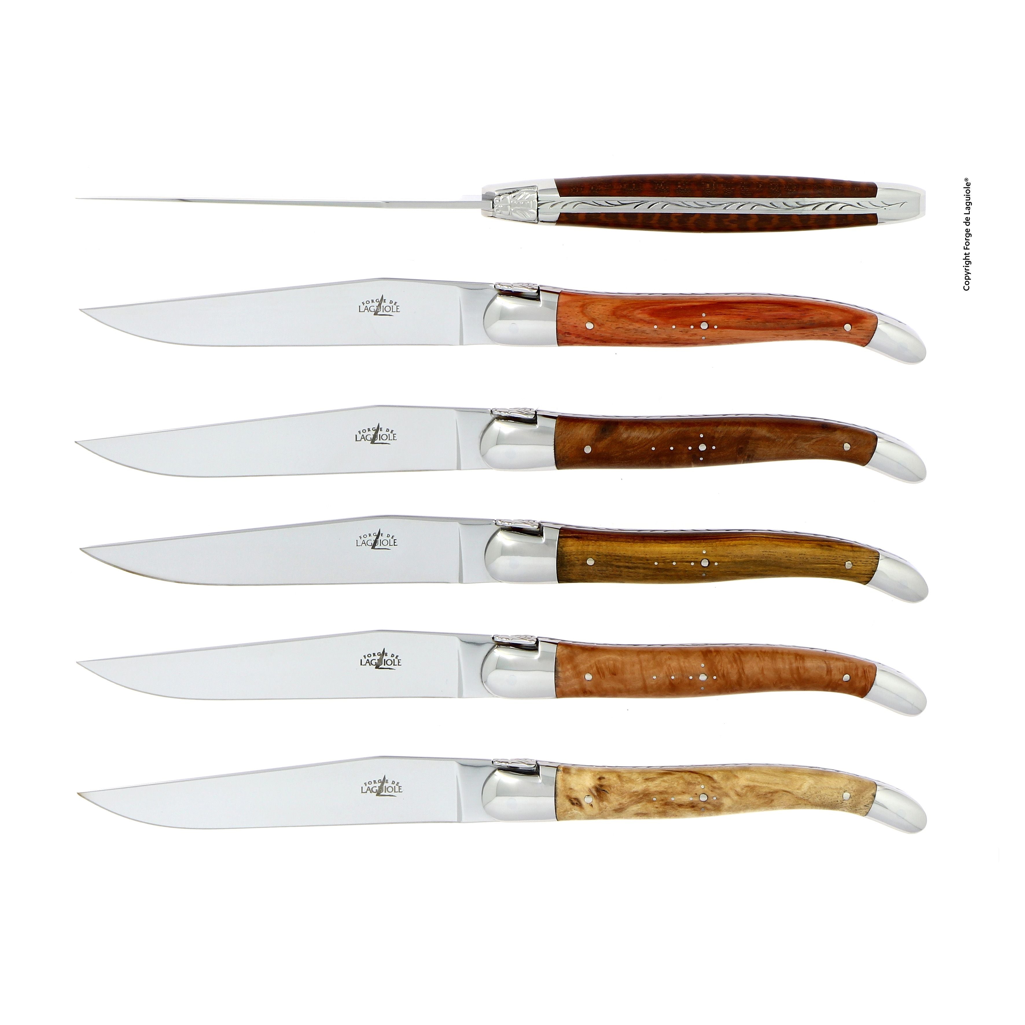 Coffret de 6 couteaux de table, manche en bois, mitre inox brillant – Laguiole Bois précieux assortis - Laguiole - Couteau à steak - 00006366 - T6 2M IN AW BRI - La Guilde Culinaire