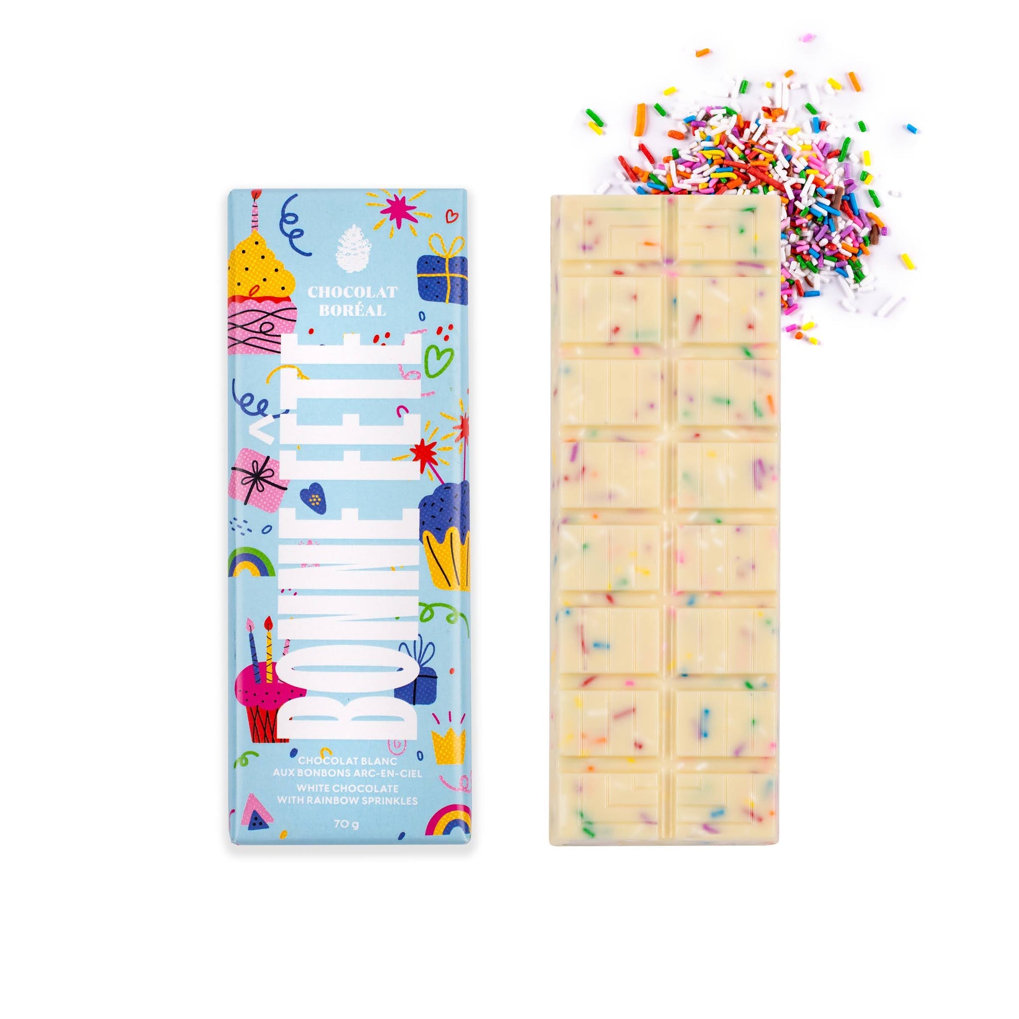 Tablette de chocolat Bonne fête BLANC - Bonbons arc-en-ciel    - Chocolat Boréal - Tablette de chocolat -  - La Guilde Culinaire