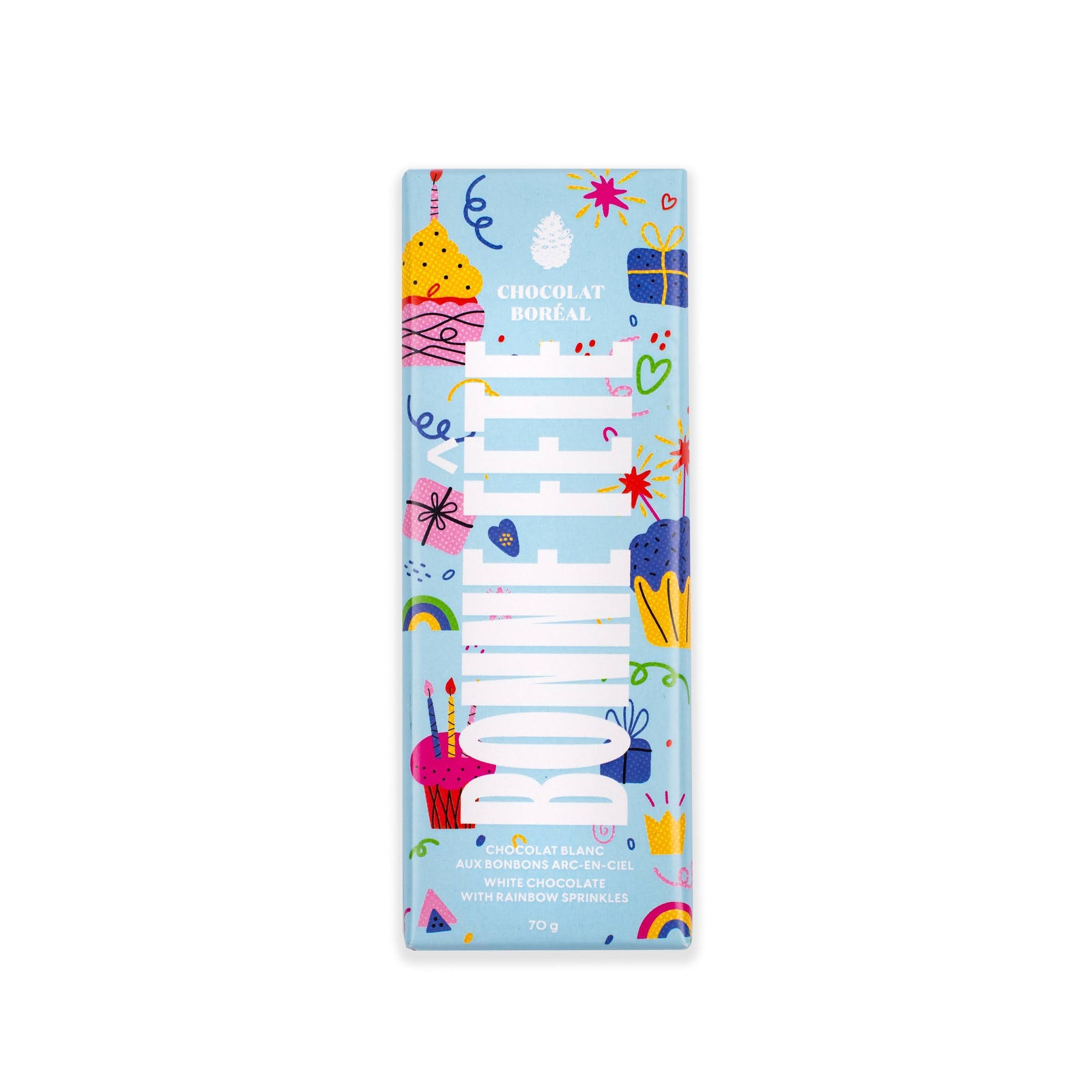 Tablette de chocolat Bonne fête BLANC - Bonbons arc-en-ciel    - Chocolat Boréal - Tablette de chocolat -  - La Guilde Culinaire