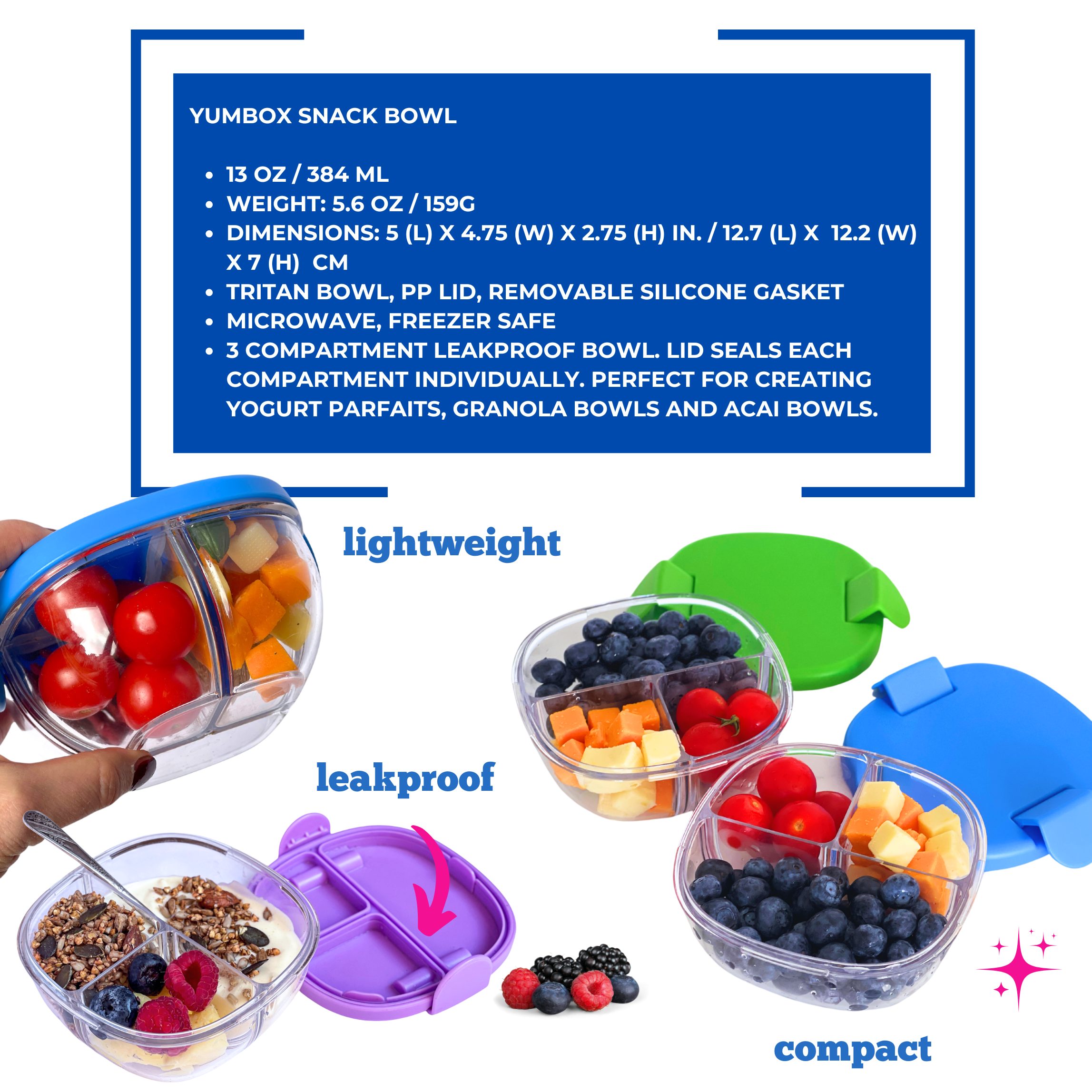 Bol à collation étanche avec 3 compartiments - Framboise rose - Yumbox - Boîte à repas - - La Guilde Culinaire