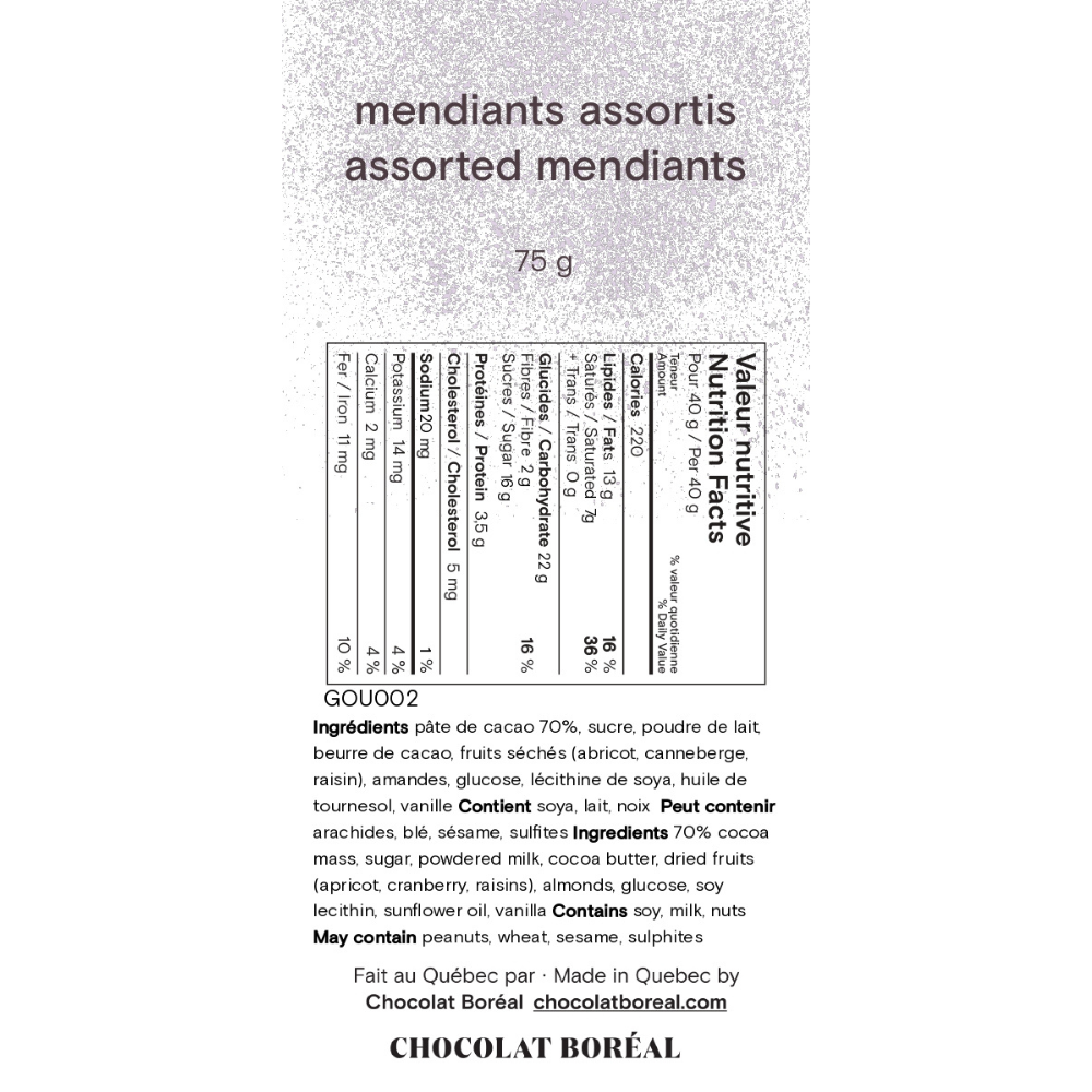 Mendiants assortis - Chocolat Boréal - Chocolat - - La Guilde Culinaire