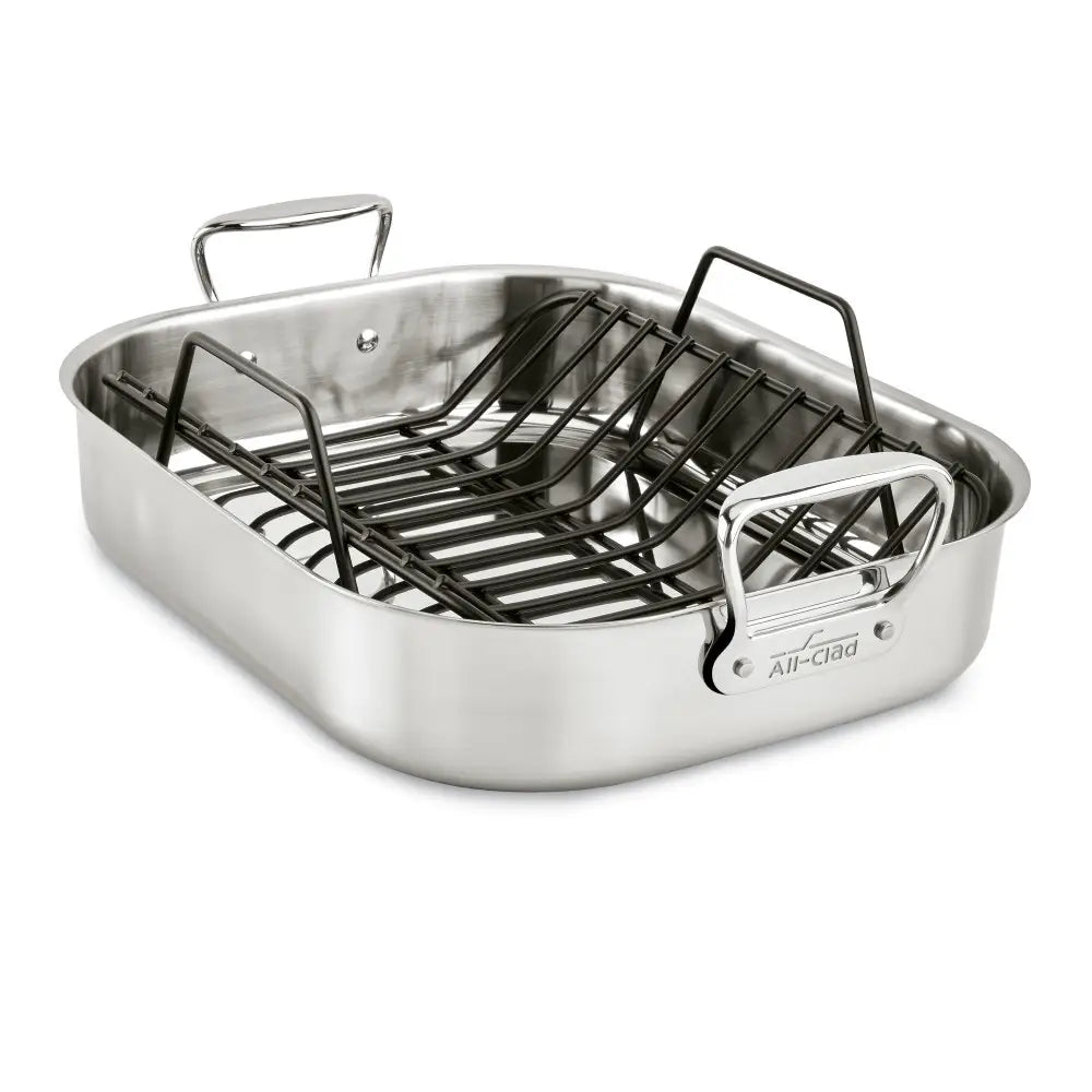 Accessoires Gourmet, Grande Rôtissoire en Acier Inoxydable avec support, 13 x 16 po - All-Clad - Rôtissoire - - La Guilde Culinaire