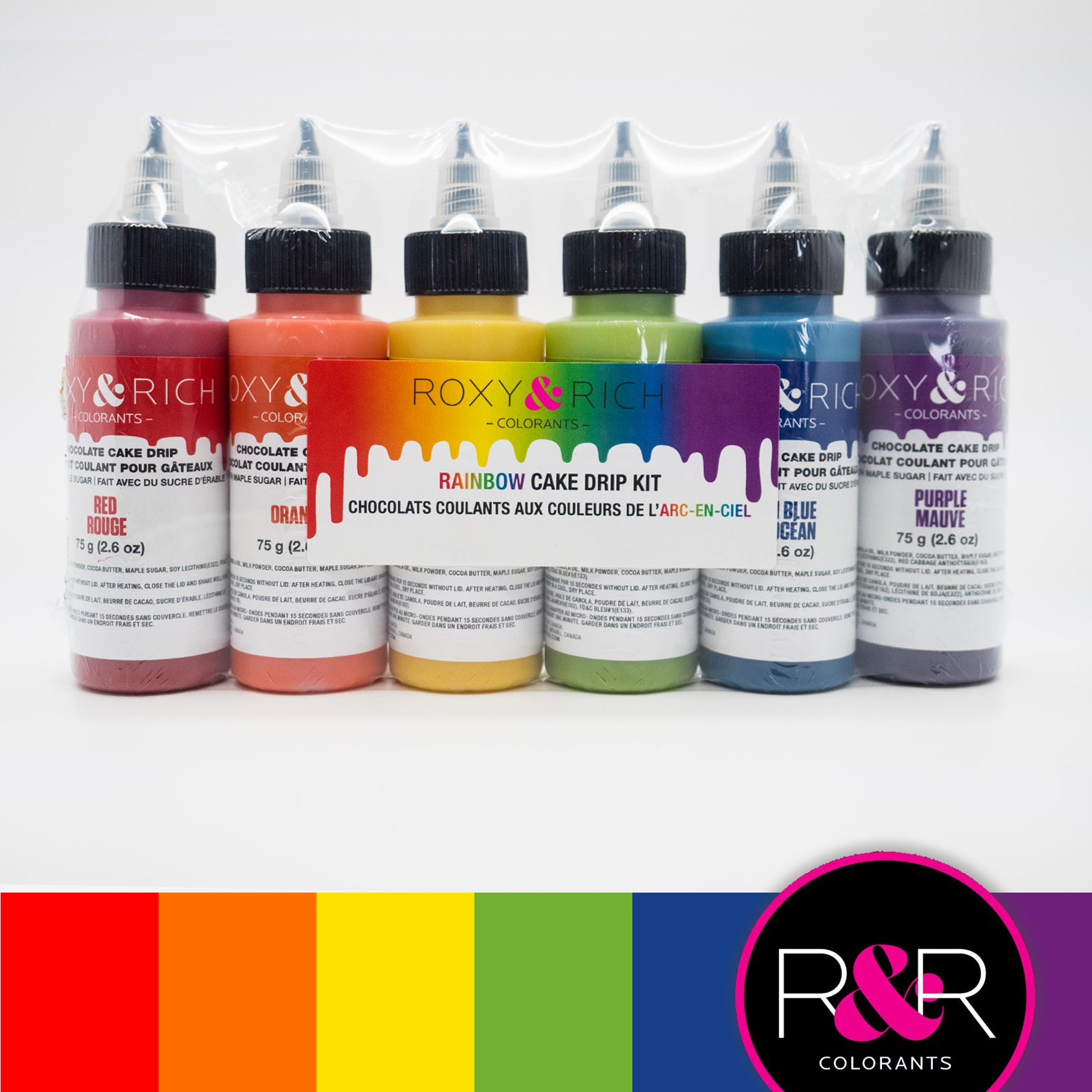 Chocolat Coulant pour Gâteau “Cake Drip” Couleurs de l'Arc-en-ciel  - 6x75g    - Roxy & Rich - Chocolat coulant pour gâteau -  - La Guilde Culinaire