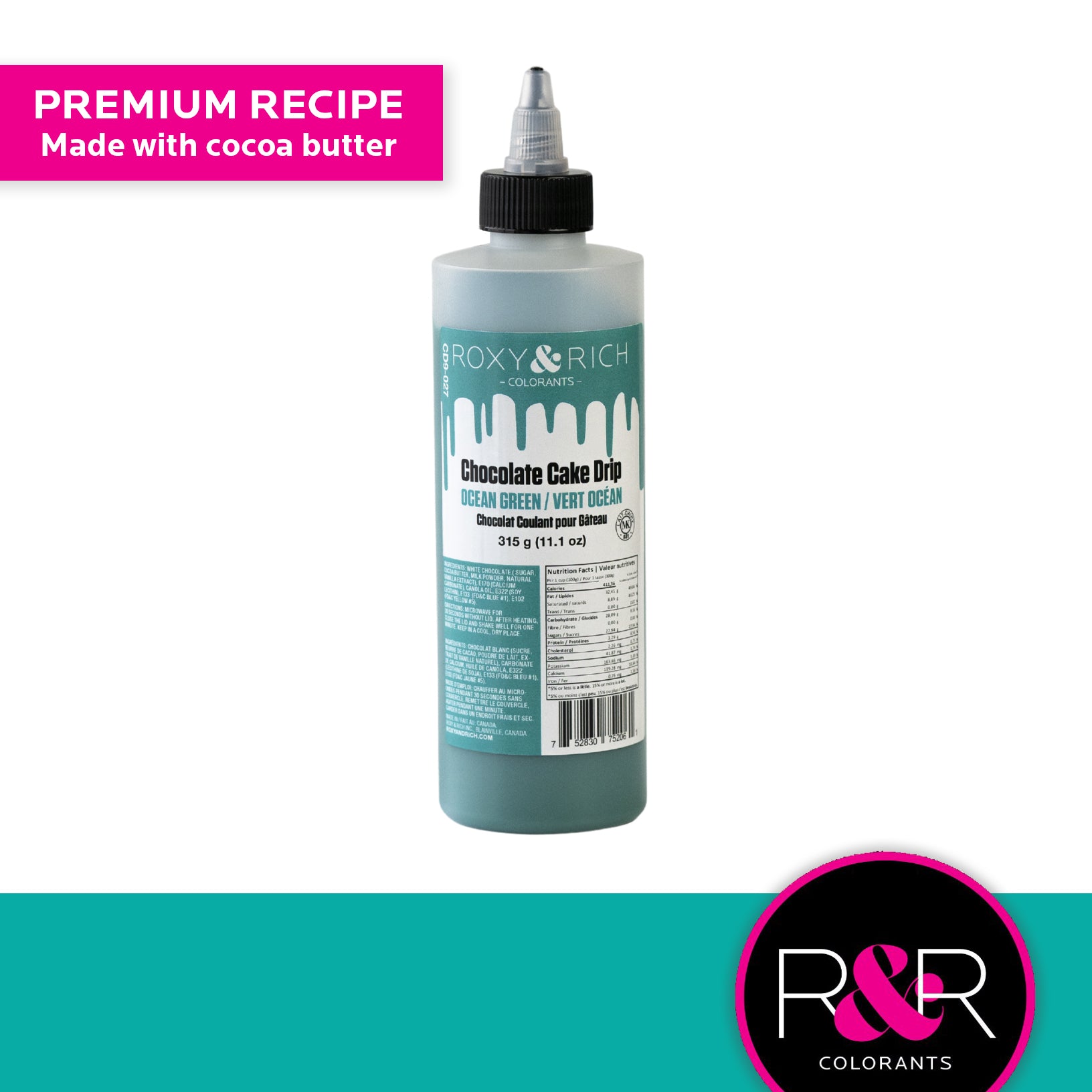 Chocolat Coulant pour Gâteau “Cake Drip” Vert Océan  - 275g    - Roxy & Rich - Chocolat coulant pour gâteau -  - La Guilde Culinaire