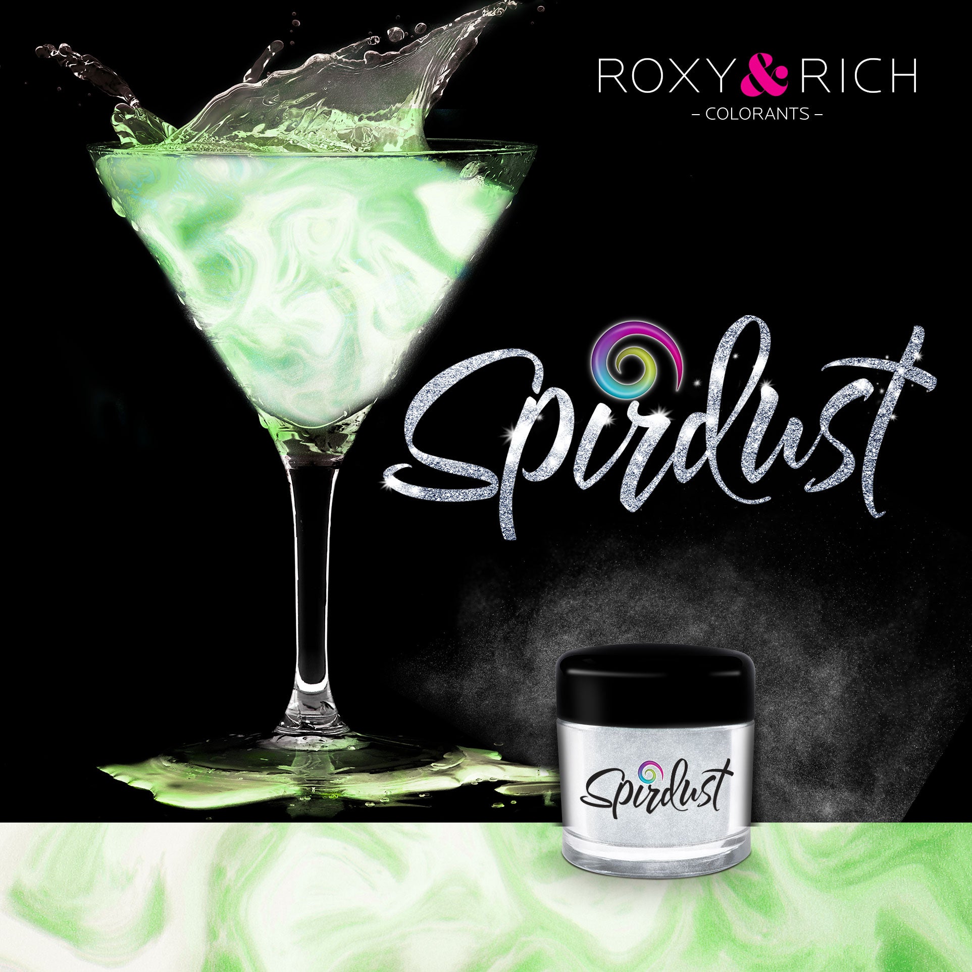 Poudres brillantes comestibles pour boissons - VERT PERLÉ - SPIRDUST    - Roxy & Rich - Colorant pour boisson -  - La Guilde Culinaire