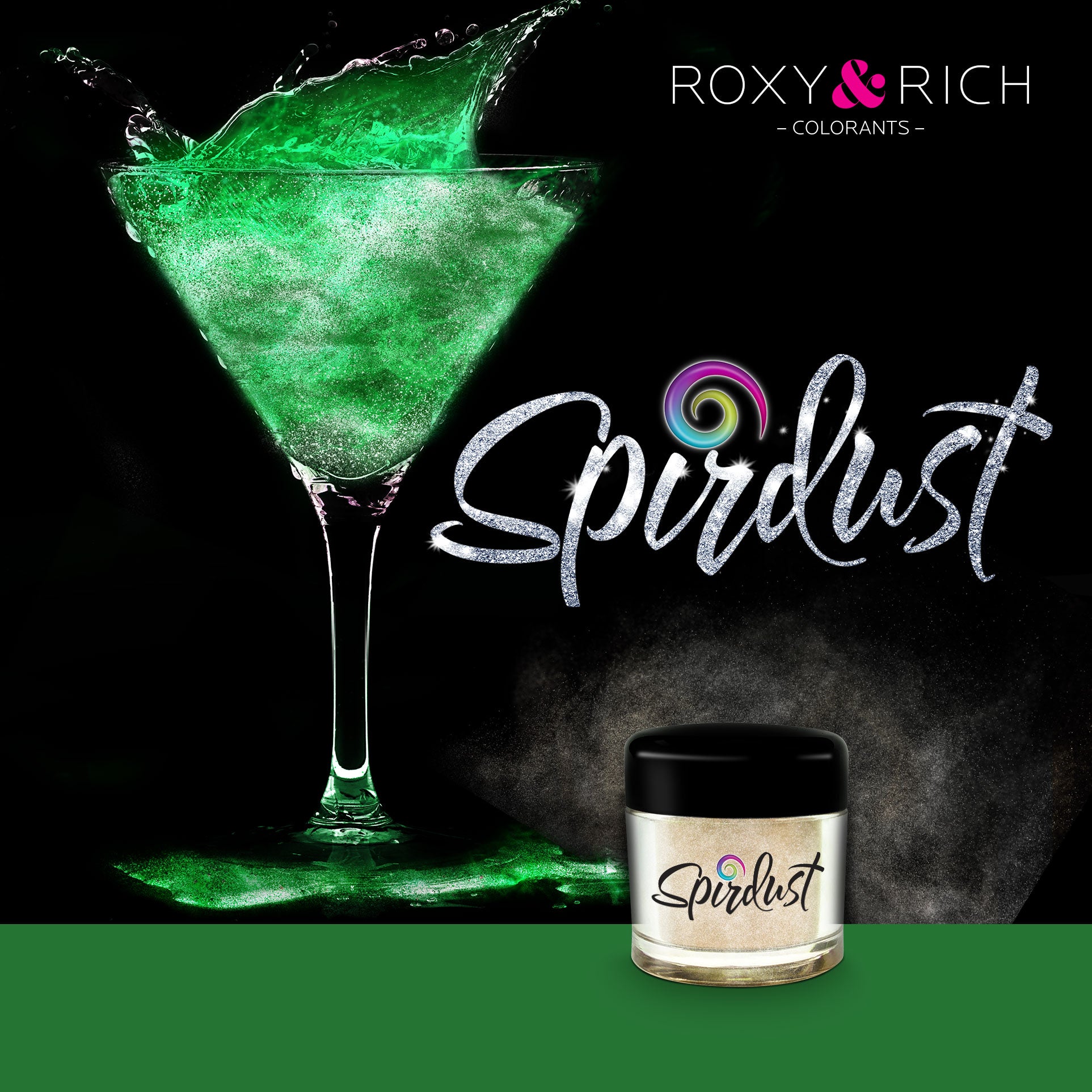 Poudres brillantes comestibles pour boissons - VERT - SPIRDUST    - Roxy & Rich - Colorant pour boisson -  - La Guilde Culinaire